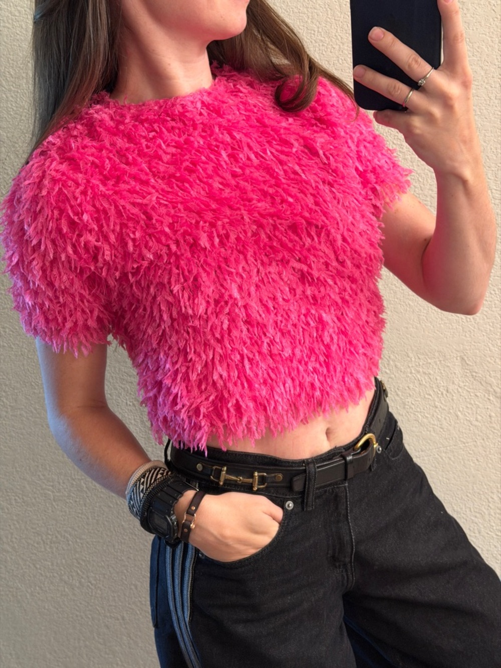 Zara Bright Hot Pink Fuzzy Crop Top size kids 8 (128) fits women’s XS